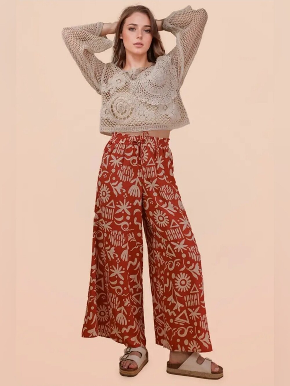 Rust Printed Wide Leg Palazzo Pants